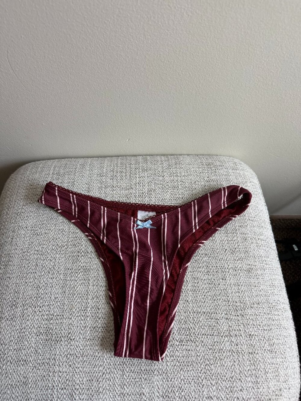 wild fable burgundy striped bikini bottom with blue bow
